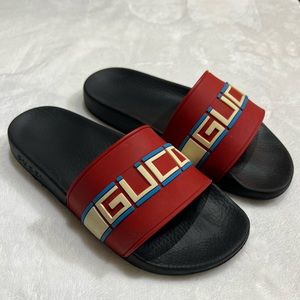 Gucci Red Rubber Stripe Mens Slide Sandals